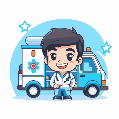 Cute cartoon doctor with ambulance car. Vector illustration. Hea