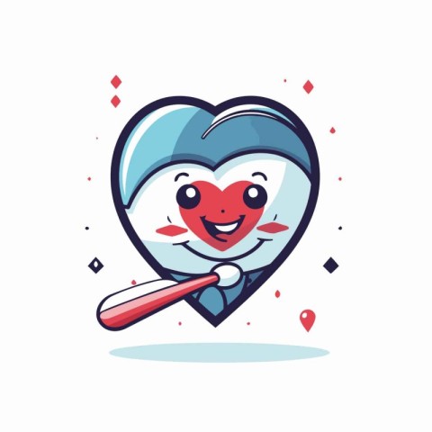 Cute cartoon heart character with a baseball bat. Vector illustr