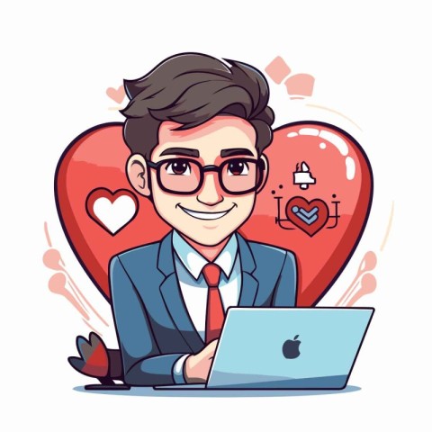 Businessman with laptop and heart. Vector illustration in cartoo