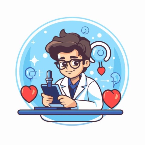 Scientist with microscope and tablet. Vector illustration in car