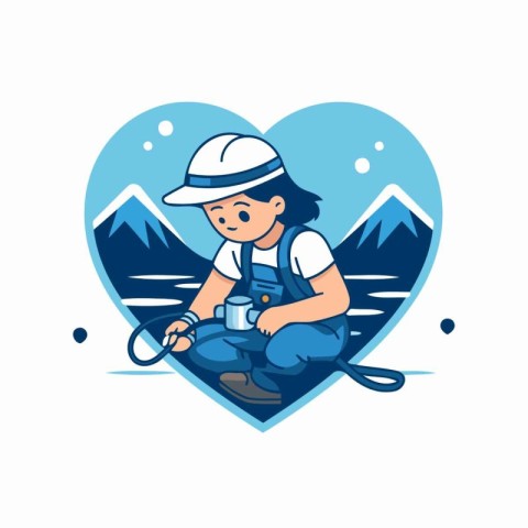 Tourist man with camera in the heart of the mountains. Vector il