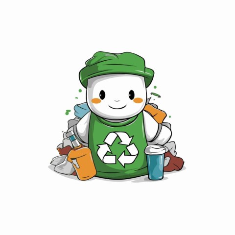 Cartoon character of garbage bag with recycling symbol. Vector i