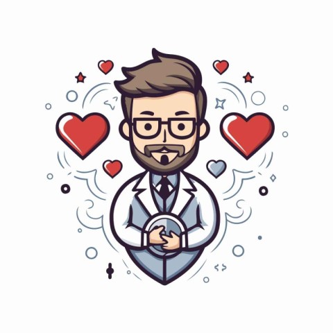 Doctor with stethoscope and heart icon. Vector illustration in c