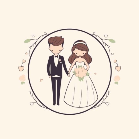 Bride and groom in circle frame. Wedding invitation card. Vector