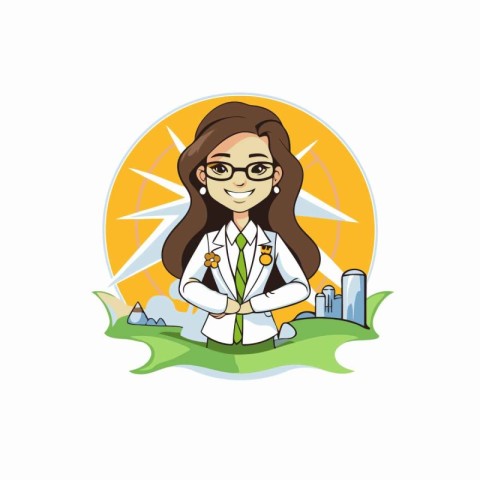 Illustration of a female scientist in a lab coat and glasses hol