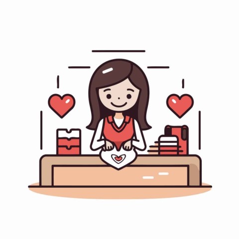 Cute little girl sitting on the counter in shop. Vector illustra