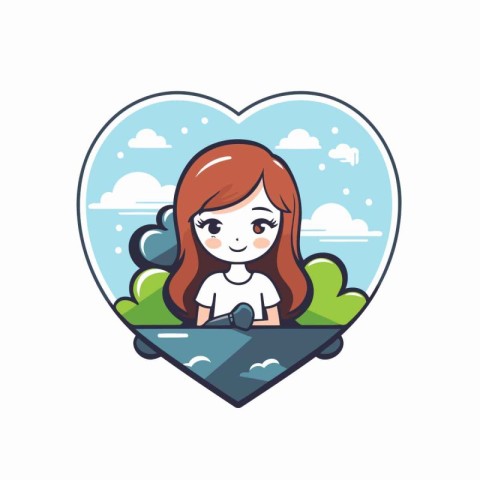 Cute cartoon girl in a heart-shaped box. Vector illustration.