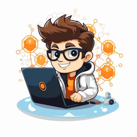 boy in lab coat and eyeglasses working on laptop vector illustra