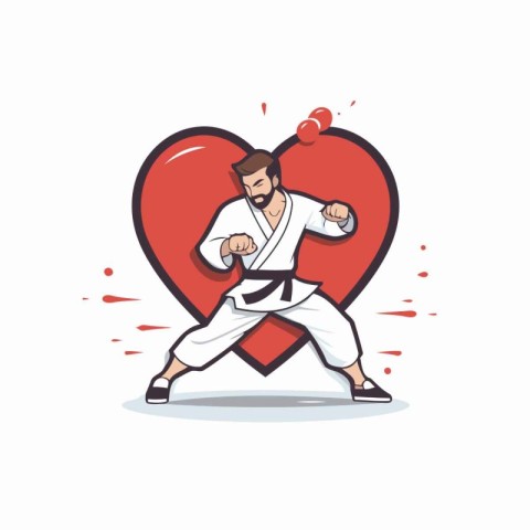 Karate man in kimono with red heart vector illustration.