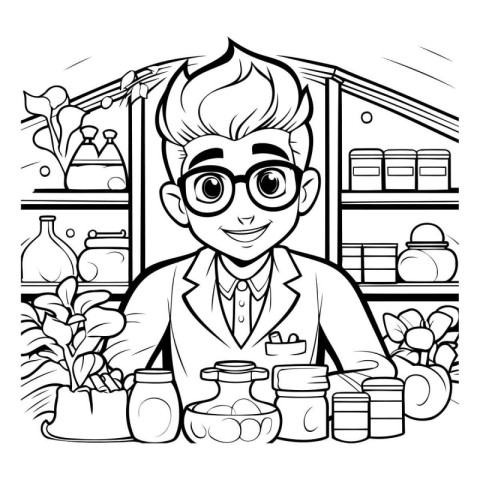 Pharmacist in the store. Black and white vector illustration.