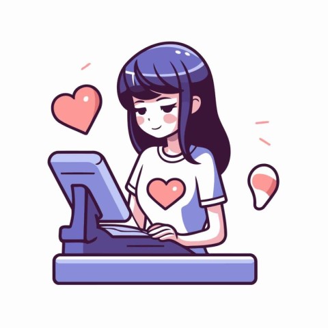 Girl with laptop and heart. Vector illustration in a flat style.