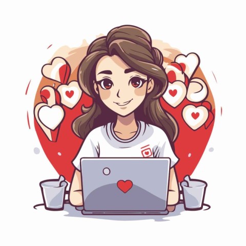 Girl with laptop and hearts around her. Vector illustration in c