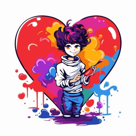 Vector illustration of a boy with a brush in his hand and a hear