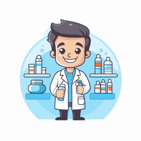 Vector illustration of a cartoon doctor in a lab coat holding a