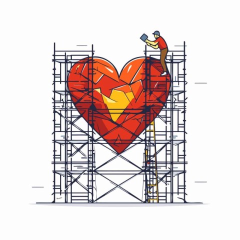 Man on scaffolding with broken heart. Flat design vector illustr