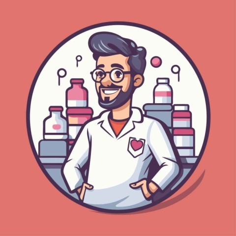 Vector illustration of a man pharmacist with a bottle of pills.