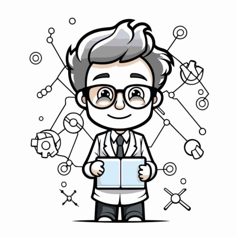 Scientist with a tablet computer in his hands. Vector illustrati