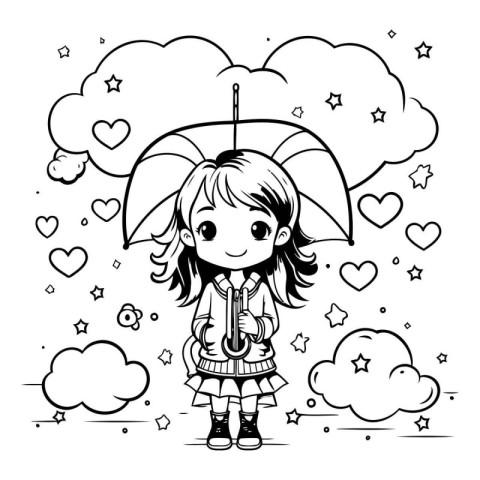 Cute girl with umbrella and rain. Vector illustration for colori