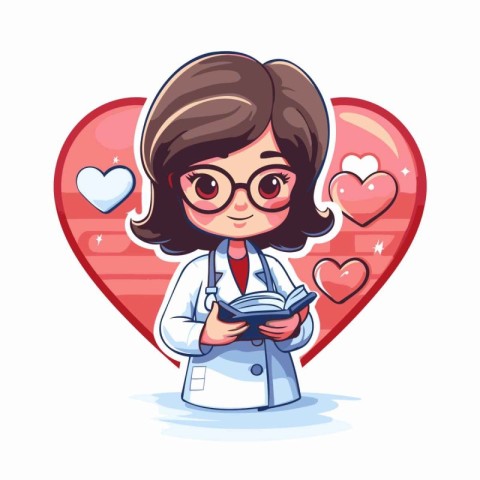 Cute girl doctor with book and heart. Vector cartoon illustratio