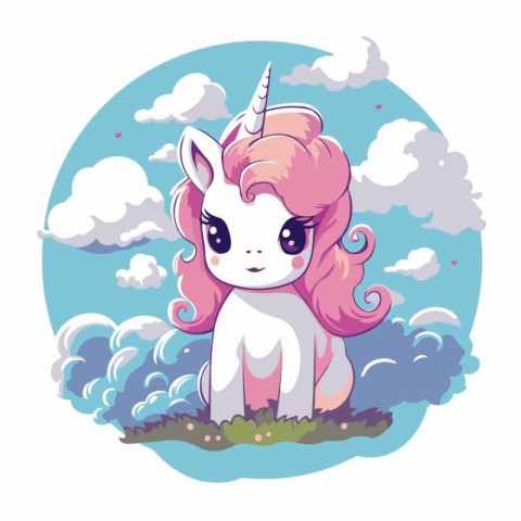 Cute cartoon unicorn with pink hair in the clouds. Vector illust