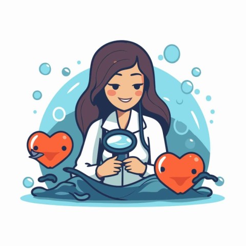 Woman doctor with magnifying glass and heart. Vector illustratio