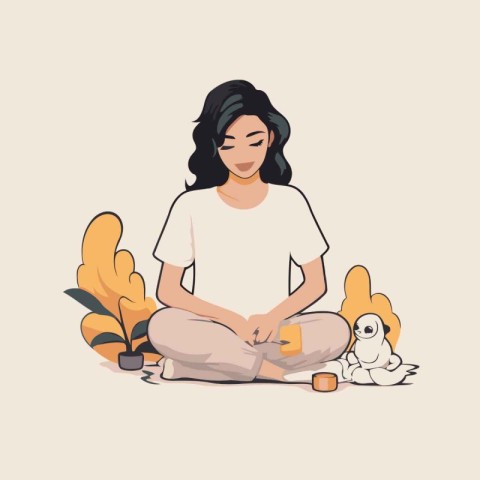 Woman sitting in lotus position and meditating. Vector illustrat