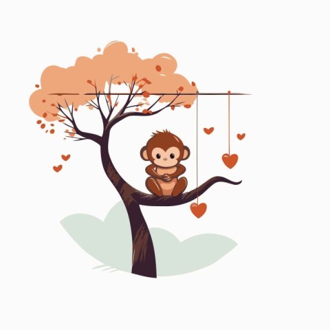 Cute cartoon monkey sitting on the tree with hearts. Vector illu