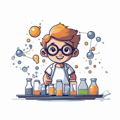 Cute boy making science experiments. Vector illustration in cart