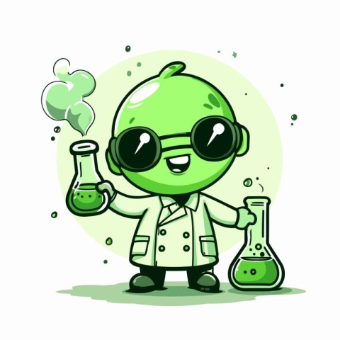 Cute Green Cartoon Scientist Character with Glass Flask. Vector