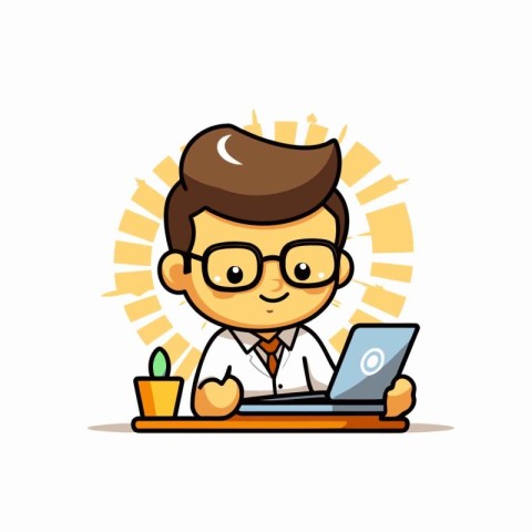 Businessman Using Laptop - Cute Cartoon Business Vector Characte