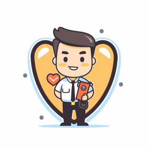 Businessman holding smart phone and heart. Vector illustration i