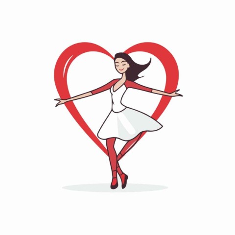 Ballerina in a white tutu and red heart shape. Vector illustrati