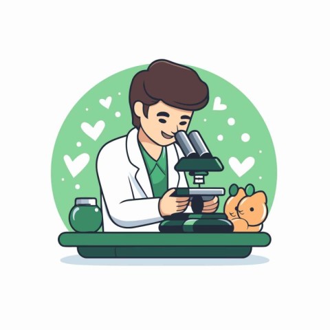 Vector illustration of a scientist working with microscope. Flat