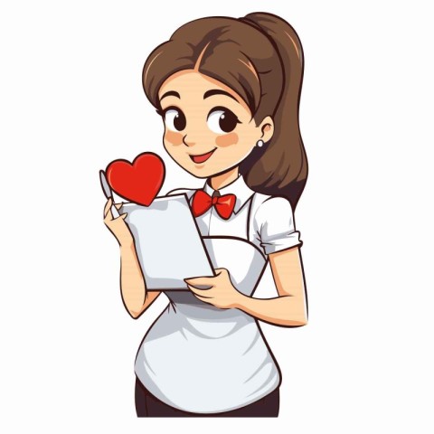 Cute waitress with a heart and a menu. Vector illustration desig