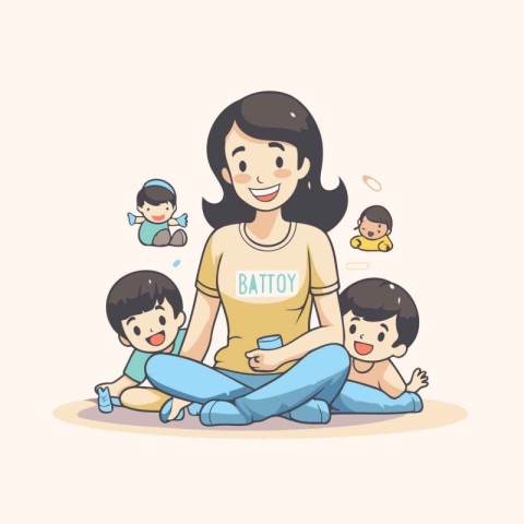 Illustration of a mother playing with her children. vector illus