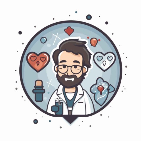 Vector illustration of doctor with stethoscope and heart. Line a