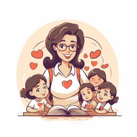 Mother reading a book with her children. Vector illustration in