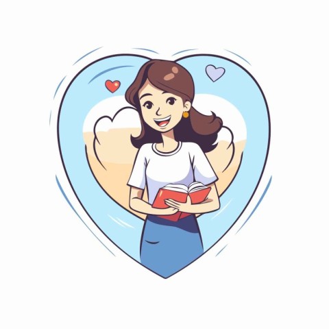 Girl reading a book in the shape of a heart. Vector illustration