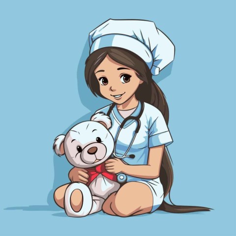 Vector illustration of a cute little girl playing doctor with te