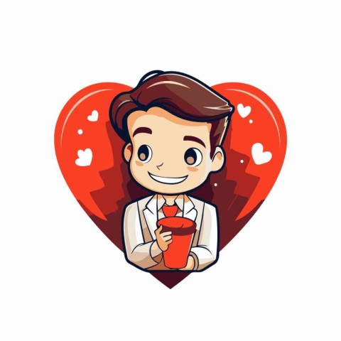 Coffee lover boy with coffee cup in heart shape. Vector illustra