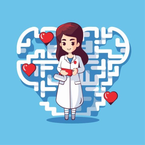 Cute little girl doctor in a maze with hearts. Vector illustrati