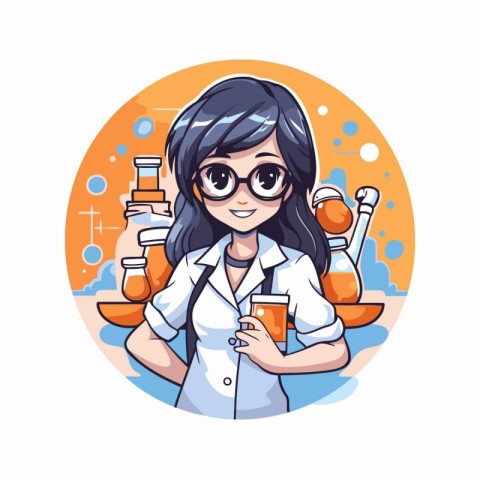 Scientist girl holding a cup of coffee. Vector illustration in c