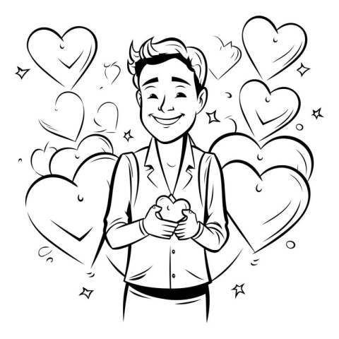 Young man in love holding a heart in his hands. Vector illustrat