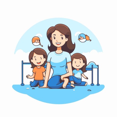 Mother and children playing at home. Vector illustration in cart