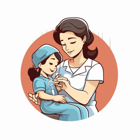 Vector illustration of a female doctor holding a child in her ar