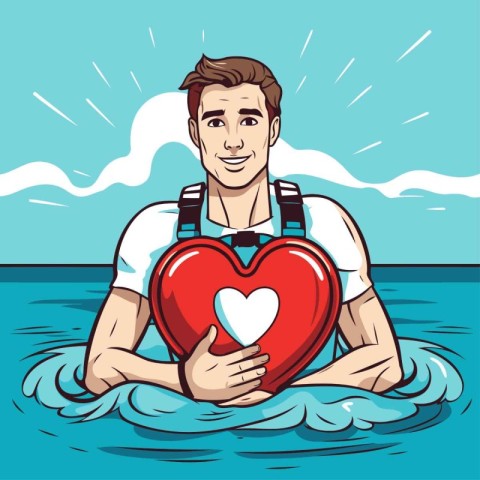 Vector illustration of a man holding a red heart in the water.