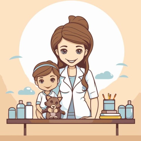 Pediatrician doctor and little girl in the clinic. Vector illust