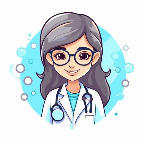 Cartoon doctor woman character with stethoscope and glasses. Vec