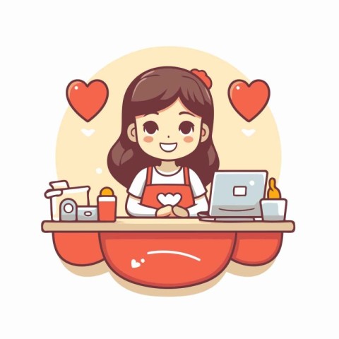 Cute cartoon girl with laptop in the bath. Vector illustration.