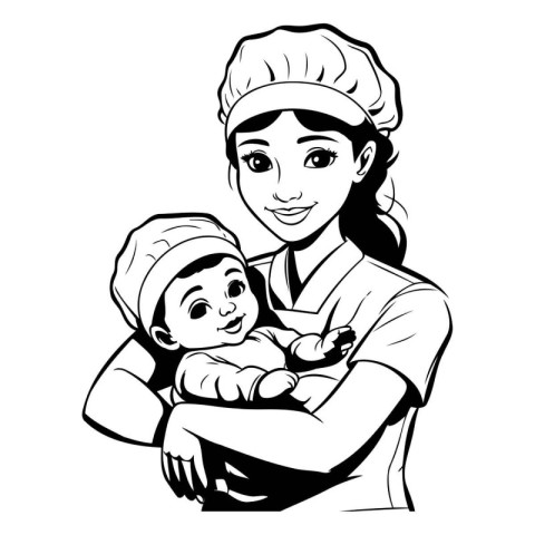 Mother and baby in the hands of a professional chef. vector illu